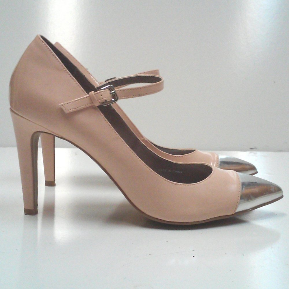 Blush Nude Pink Mary Jane Patent Pumps, Silver Toe